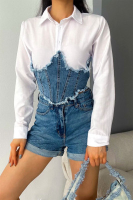 Camasa scurta Adelina, cu maneca lunga si panou din denim, Albastru  4