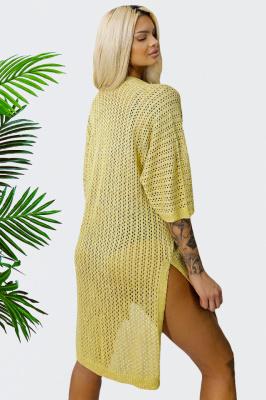 Cardigan clasic Crochet Gold, cu taieturi laterale si brosa, Auriu, Marime S/M/L spate