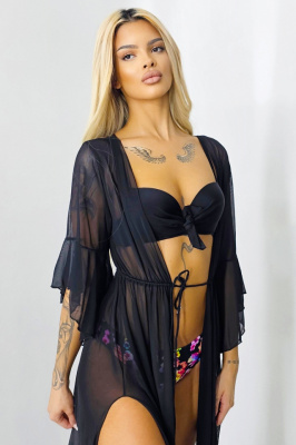 Cardigan de plaja LEXA, cu maneca evazata si snur in talie, Negru 2