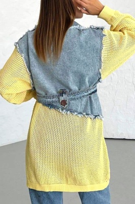 Cardigan lung Violeta, din tricot cu denim si cordon asortat, Galben spate