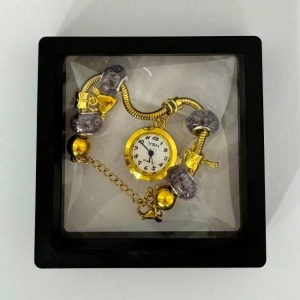 Ceas elegant Gold VSH cu pandativ, margele tip Murano si bratara reglabila, Negru