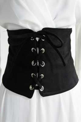 Centura corset Sanda neagra, lata, din piele intoarsa, cu banda elastica si snururi 