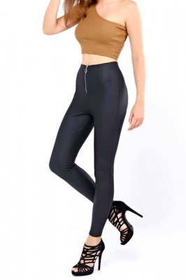 Colanti fitness Velly, piele eco, cu fermoar si aspect mat, Negru