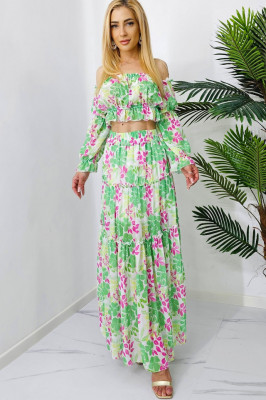 Compleu Bernolda fusta si camasa, Verde roses, Masura S/M/L