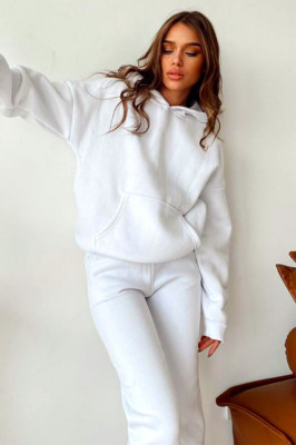 Compleu bumbac vatuit Alexis, bluza cu gluga si pantaloni cu buzunare, Alb 1