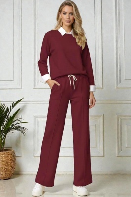 Compleu casual ALYA, cu bluza tip camasa si pantaloni lejeri cu snur, Burgundy, Marime S/M/L