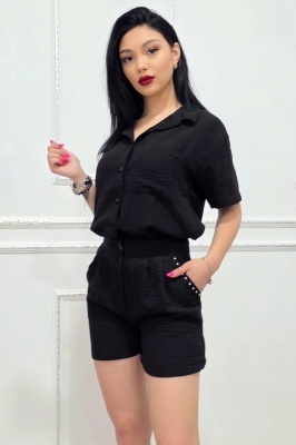 Compleu casual cu bumbac, cristale KARMELL, si pantaloni scurti, Negru