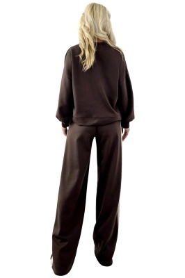 Compleu casual cu motiv floral KEORA, bluza si pantaloni oversize, Maro, Marime universala