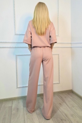 Compleu casual, doua piese Solenne, cu detaliu floral si cristale, Roz prafuit, Marime universala, detaliu spate