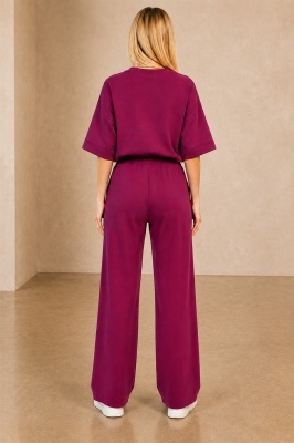 Compleu casual, doua piese Solenne, cu detaliu floral si cristale, Magenta Violet, Marime S/M/L detaliu spate