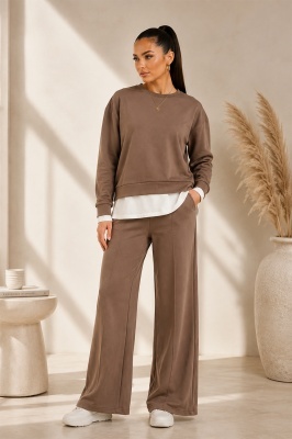 Compleu casual LUNARIA, cu bluza lejera si pantaloni wide leg, Maro Ciocolata, Marime S/M/L