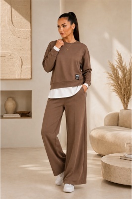 Compleu casual LUNARIA, cu bluza lejera si pantaloni wide leg, Maro, Marime S/M/L