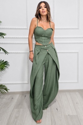 Compleu casual dama cu cupe buretate si pantaloni lungi lejeri