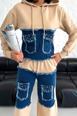 Compleu casual MIRRA Pearl, cu bumbac si denim, Bej detaliu