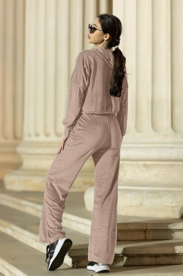 Compleu catifea Francisca pantaloni evazati si bluza cu gluga, Crem2