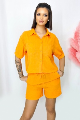 Compleu cu bumbac creponat, Keona, camasa si pantaloni scurti cu snur, Orange 4