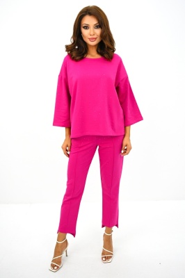Compleu dama Radiant Pair, cu pantaloni, lungime asimetrica si bluza cu cristale, Fucsia