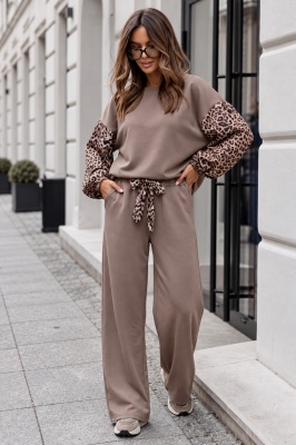 Compleu dama supradimensionat ROARSET, cu bluza cu maneci animal print si pantaloni largi, Bej