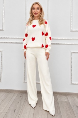 Compleu dama tricotat NERELIA, cu lana, bluza cu inimi si pantaloni drepti, Alb, Marime unica S/M/L