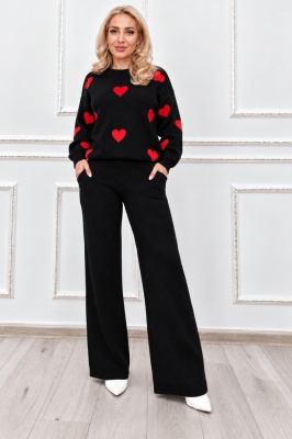 Compleu dama tricotat NERELIA, cu lana, bluza cu inimi si pantaloni drepti, Negru, Marime unica S/M/L