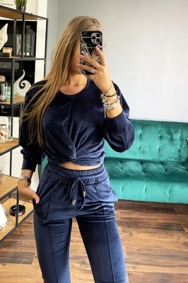 Compleu de catifea Katrina, pantaloni si bluza, bleumarin