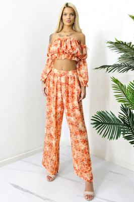 Compleu de vara Bouquet, pantaloni lejeri si camasa cu volane, Portocaliu, Marimea S/M/L 2