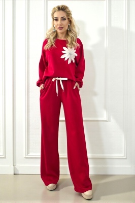 Compleu de zi KEORA, bluza cu detaliu floral si pantaloni lejeri, Rosu, Marime S/M/L