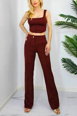 Compleu elegant Allan, top cu decolteu simetric, cusaturi evidentiate si pantaloni evazati, Maro1
