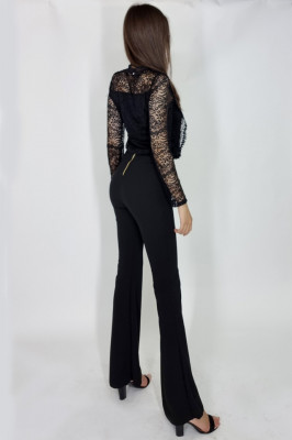 Compleu Federica, camasa cu efect brodat si pantalon evazat, Negru4