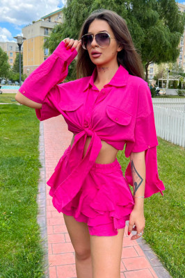 Compleu Maella, cu fusta clos si bluza crop cu revere si maneci detasabile, Fucsia, Marime S/M2