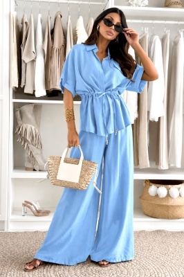 Compleu oversize AZMIRA, camasa vaporoasa si pantaloni lejeri, Baby Blue, Marime S/M/L