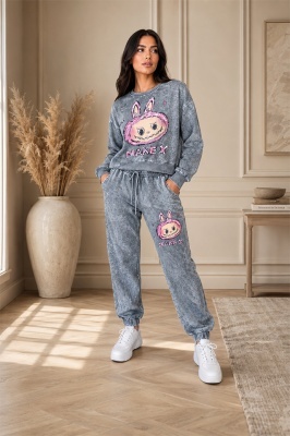 Compleu sport Bubelle, cu imprimeu grafic si pantaloni jogger, GRI