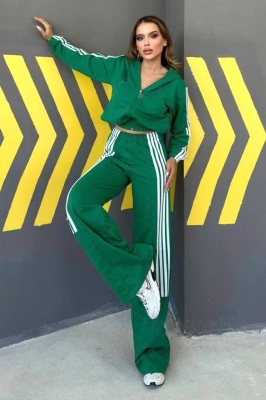 Compleu sport cu dungi in relief GHIZEL, jacheta si pantaloni evazati, Verde