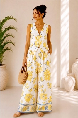 Compleu vaporos Arioso, imprimeu mediteranean, pantaloni palazzo si vesta, Galben