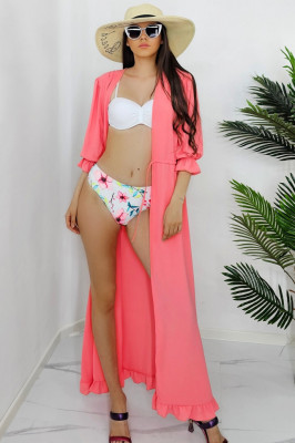 Costum de baie doua piese Azalee, imprimeu floral si sutien uni cu push up, White Hibiscus1
