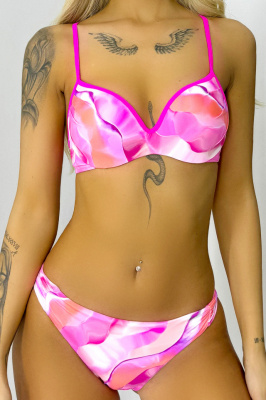 Costum de baie doua piese FuZZion, slip cu talie joasa si sutien cu push up, Roz detaliu