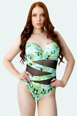 Costum de baie intreg MaXena, cu perle artizanale si panou cu tull, Verde Havana