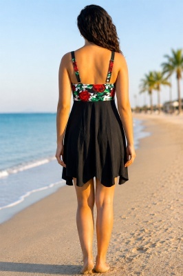 set de baie tankini ELARIS, cu bretele reglabile si boxeri, Marimi Mari - Batal, RED Roses