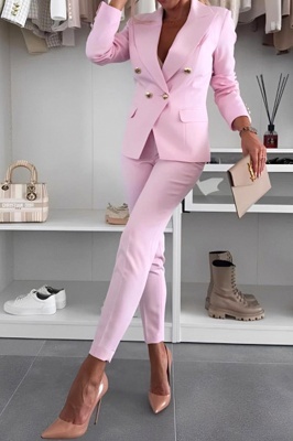 Costum elegant office Paolina, sacou, butoni aurii si pantaloni conici, Roz
