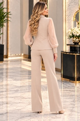 Costum elegant WILLOW, sacou cu maneca voal si pantaloni cu pliu, Crem, detaliu spate