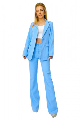 Costum elegant ZYNA, cu sacou cambrat si pantaloni evazati, Bleu3