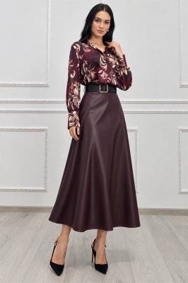 Fusta piele eco evazata Clementina, croi midi si curea inclusa, Burgundy, Marime S/M
