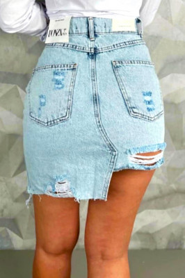 Fusta scurta denim Pathos, cu perforatii accentuate si croi asimetric, Albastru zapada1