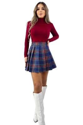 Fusta scurta plisata, in carouri, Serena, cu talie elastica, Albastru, Marime S/M/L