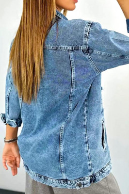 Geaca din denim SRI Lanka, cu perforatii multiple, croiala lunga si aspect prespalat spate