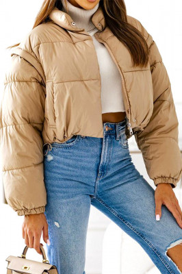 Geaca scurta 2 in 1, Twin, cu aspect matlasat si maneci detasabile, Crem, Marime S/M/L 3