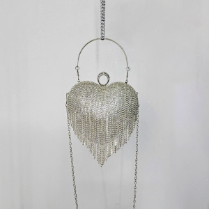 Geanta de ocazie, Glimmer, Alb, in forma de inima, cu strasuri si detalii metalice, Lant argintiu