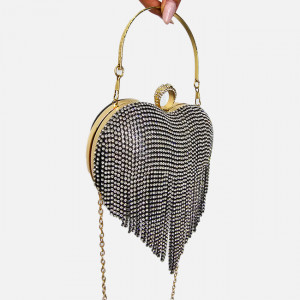Geanta de ocazie, Glimmer, Negru, in forma de inima, cu strasuri si detalii metalice, Lant auriu3