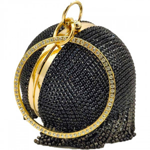 Geanta de ocazie, Shining Sphere, cu lanturi metalice si strasuri artizanale, Negru/Auriu 3