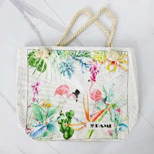 Geanta de plaja Genevie, cu imprimeu de vara si manere tip sfoara, Flamingo, 46x36